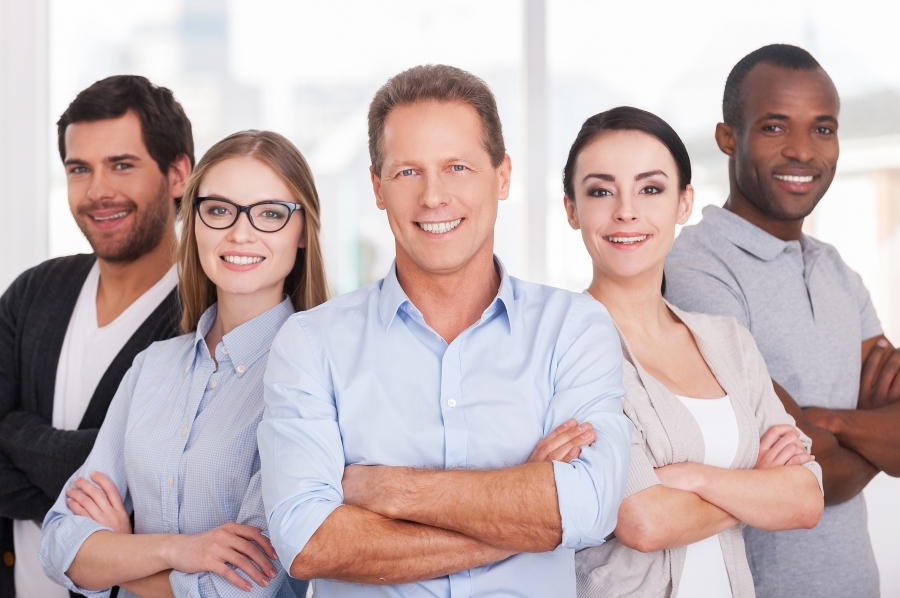 happy confidant business team, 5 people, 2 women, 3 men